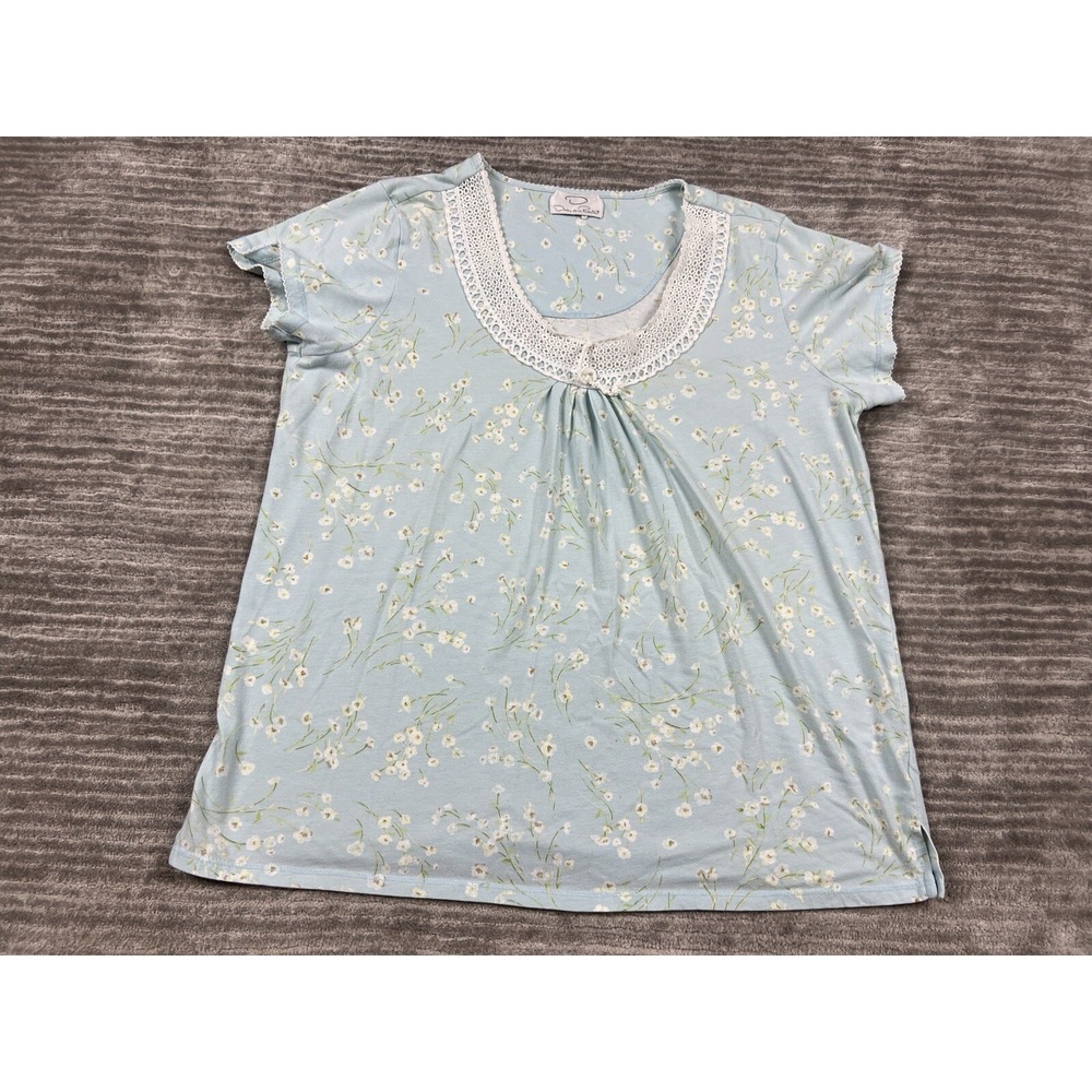 Oscar de la Renta Sleep Top Womens L Blue Floral Lace Trim Short Sleeve Pajama